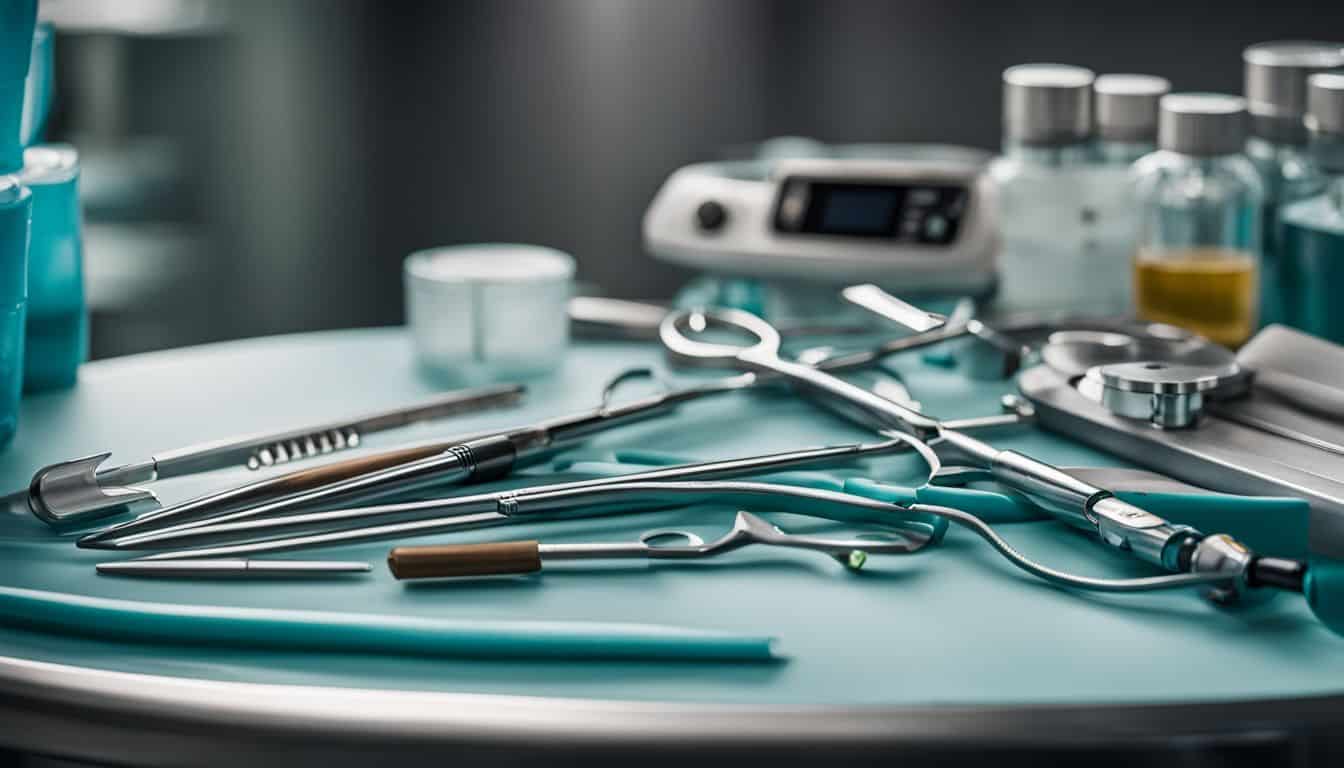 A dental surgical instrument set on an operating table.