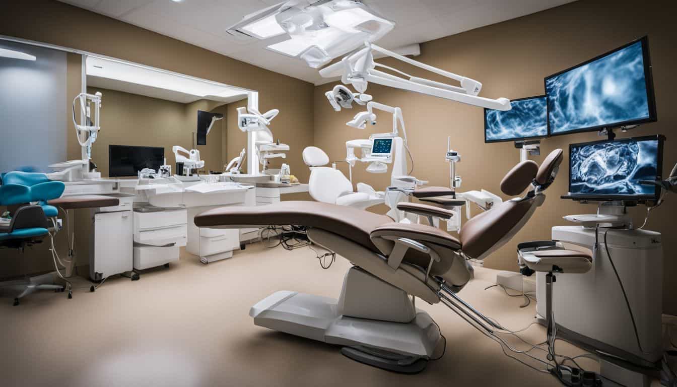 A patient reclining in a dental chair surrounded by modern oral surgery equipment.