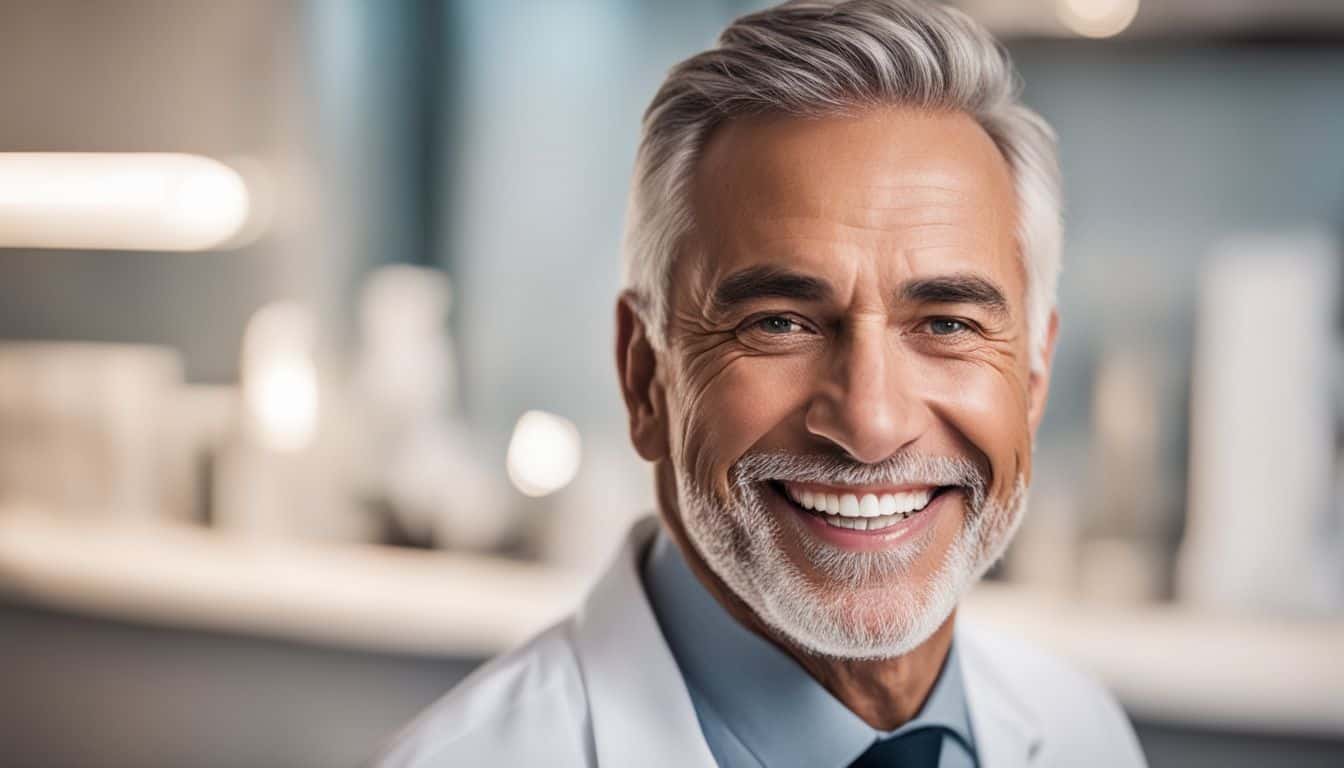 A person smiling confidently after receiving same-day dentures in a modern dental clinic.